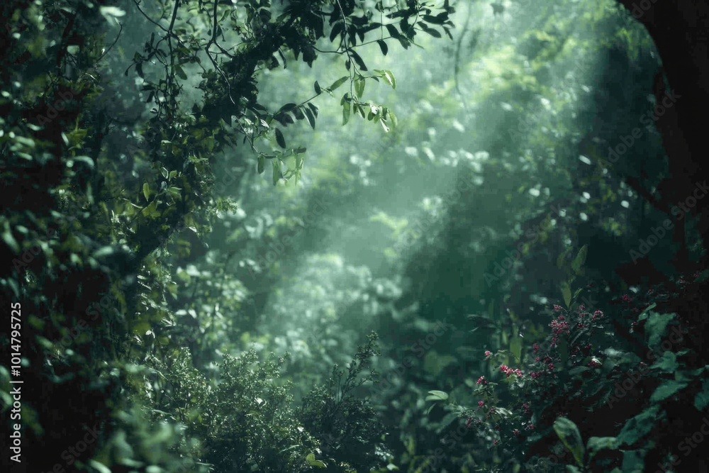 A dense and vibrant forest with many green plants A dense and vibrant forest with many green plants