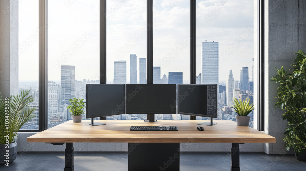 Modern Office Workspace with Dual Monitors and City View: A Perfect Blend of Functionality and Aesthetics for Productive Work Environments Modern Office Workspace with Dual Monitors and City View: A Perfect Blend of Functionality and Aesthetics for Productive Work Environments
