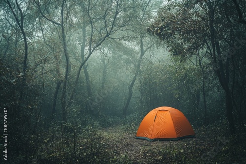 A Lone Tent in a Foggy Forest