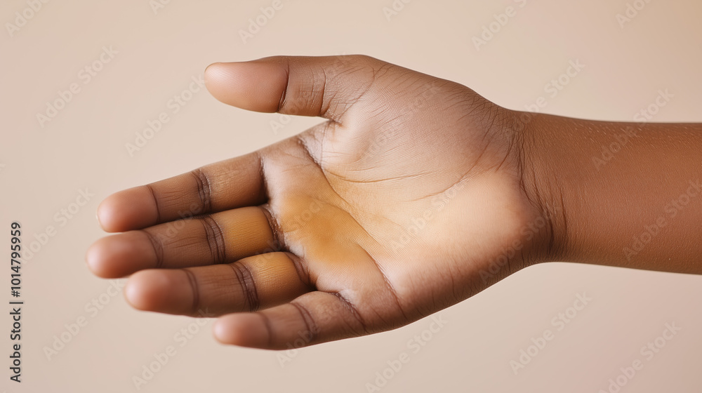 Close-up hand, highlighting contrasting patches of depigmented skin. Close-up hand, highlighting contrasting patches of depigmented skin.