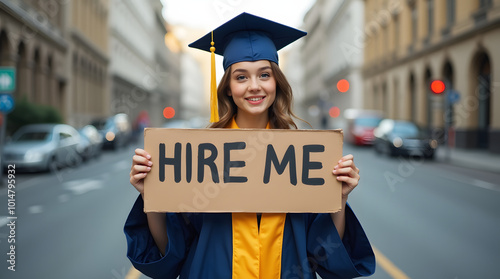 Female student wearing a graduation gown and a cap, young teenage girl standing on a city street and holding up a sign with text 