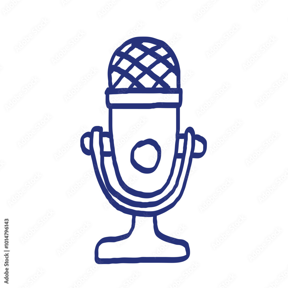 Microphone sketch. Podcast or music item. Hand drawn vector icon. Blue pen or marker drawing. Primitive kids picture