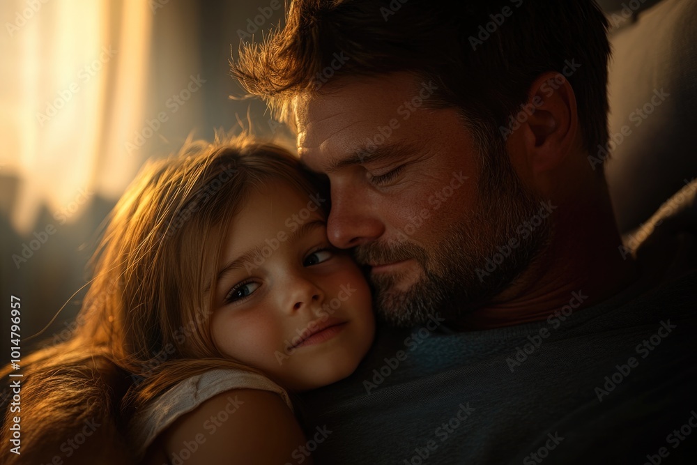 A father or guardian comforting a young child