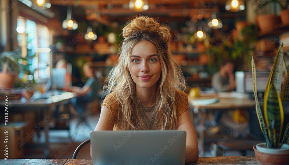 Woman working on laptop in cafe Woman working on laptop in cafe