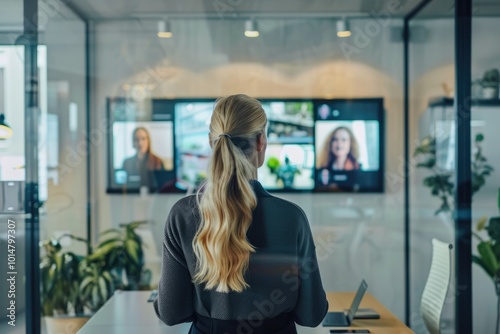 Woman looking at video conference on screen