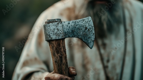 A rough, weathered hand grips an aged axe, emphasizing strength, skill, and the timeless connection between human effort and natural materials in a rustic setting. photo