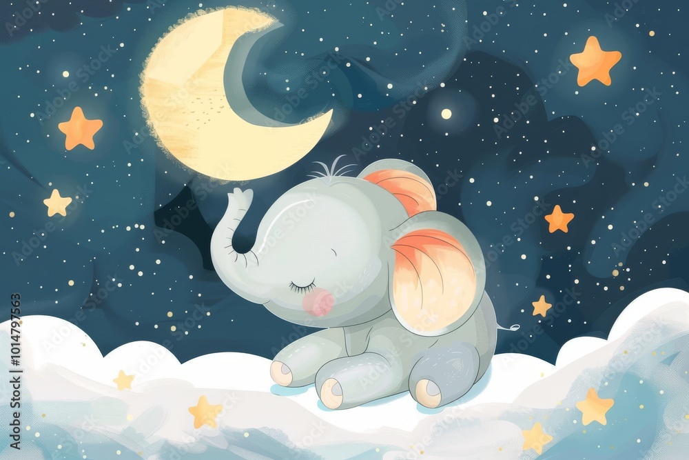 Fototapeta premium Cute illustration of a baby elephant sitting on clouds, surrounded by stars and a crescent moon in a dreamy night sky.