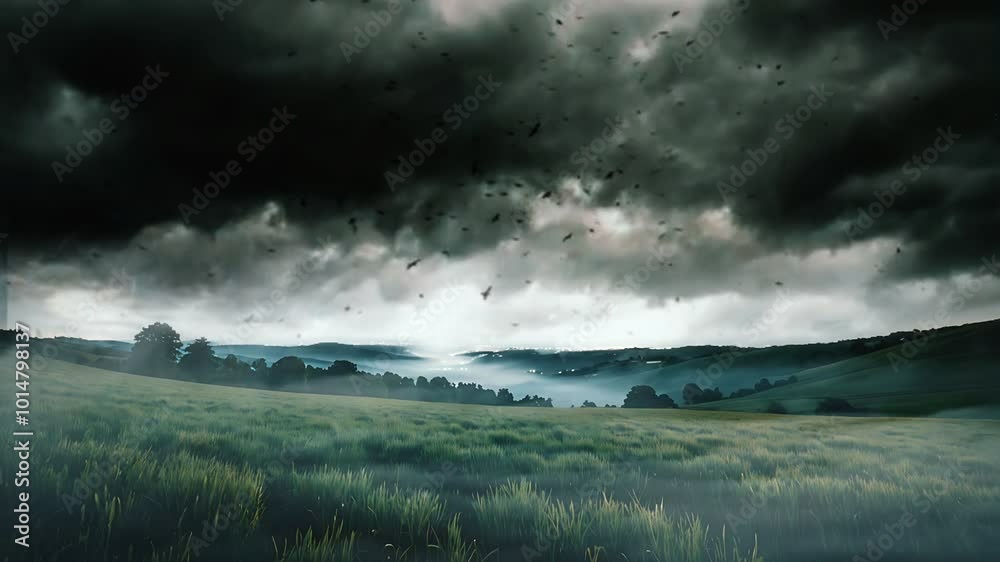 A stormy landscape with heavy dark clouds hovering above a vast grassy field, creating a moody atmosphere A stormy landscape with heavy dark clouds hovering above a vast grassy field, creating a moody atmosphere