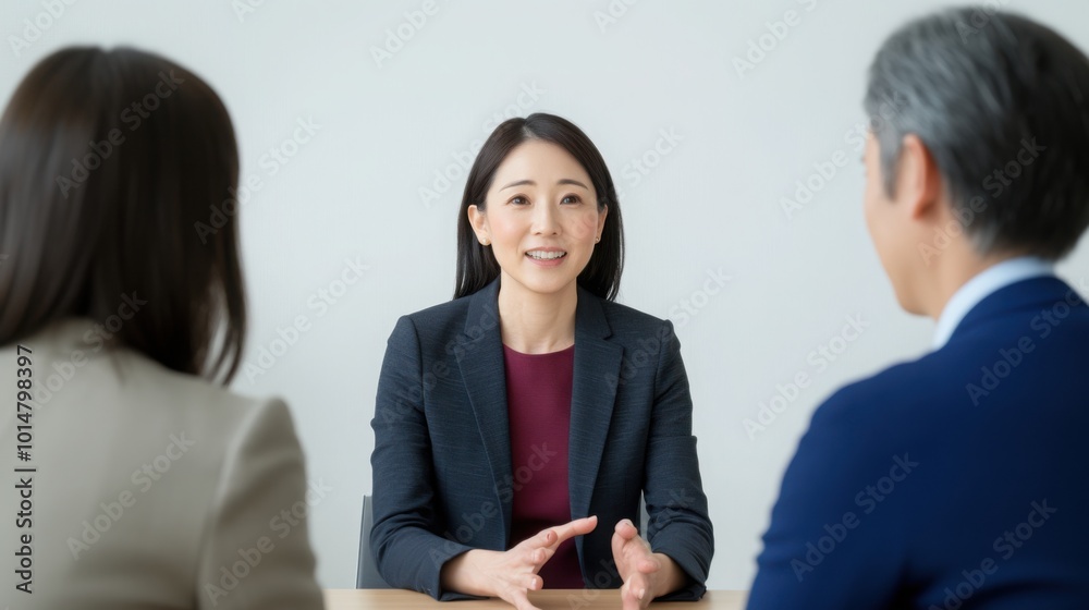 Japanese woman in suit, smiling and talking while sitting at a table against a white background. Japanese woman in suit, smiling and talking while sitting at a table against a white background.