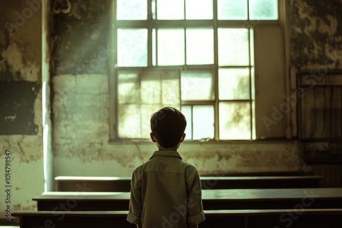 A young boy standing in front of a window with a curious expression