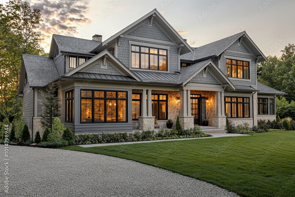 Obraz premium Exterior design of a home with matte gray accents, traditional architecture, including granite and cedar details, sweeping windows, chalk roof trim, a gravel driveway, and a well-maintained front lawn