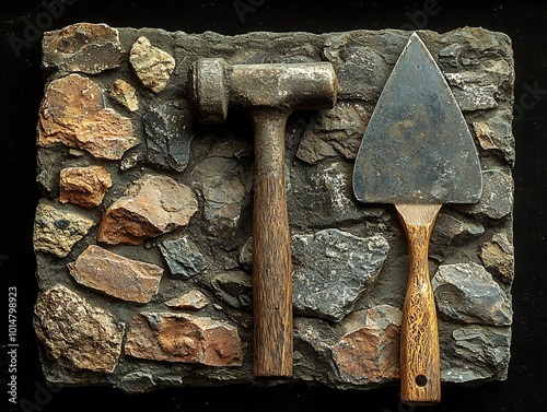 Brick hammer and a trowel arranged side by side showcasing their rugged durable design for masonry work photo