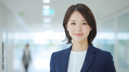 Photograph of a Japanese businesswoman happily walking in an office building. She is wearing a navy blue suit and white shirt, smiling at the camera, against a white background and soft lighting.