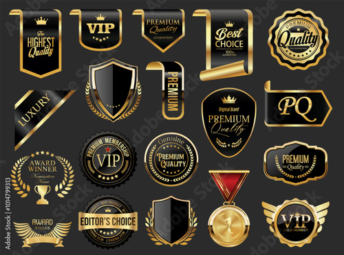 Gold and black luxury labels and badges premium quality certificate ribbons illustration 