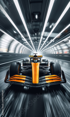 extremely fast formula one car speeds through tunnel in blur of lights, adrenaline of high speed racing with sleek design and aerodynamic precision, dynamic motion blur photo