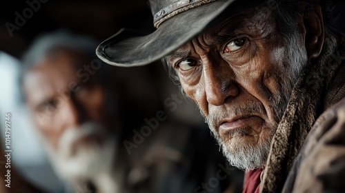 A rugged, weathered cowboy wearing a hat stares intensely into the distance, capturing a moment of deep contemplation and resilience in a dramatic close-up shot.