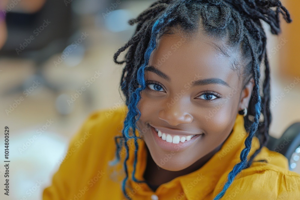 A smiling young girl with blue dreadlocks looking directly into the camera A smiling young girl with blue dreadlocks looking directly into the camera