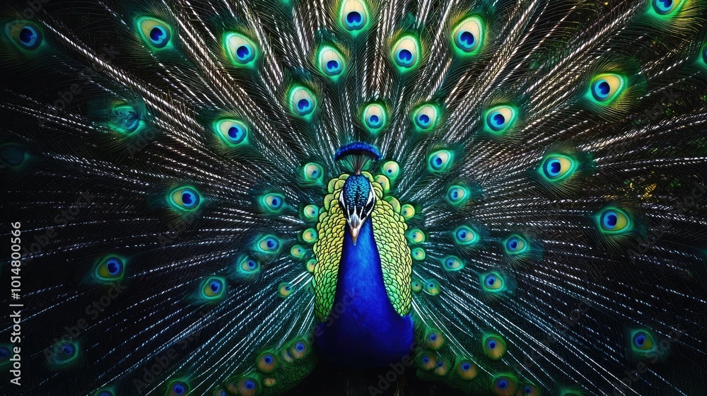 Obraz premium A vibrant peacock showcasing its full tail, each feather sparkling with diamonds, creating an opulent and breathtaking scene