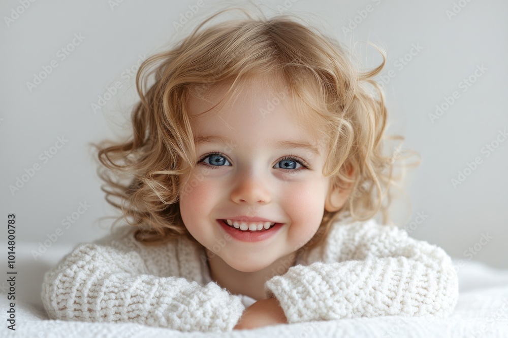 A young child relaxing on a soft white blanket A young child relaxing on a soft white blanket