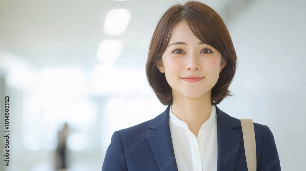 A photograph of a happy Japanese businesswoman walking in an office building, wearing a navy blue suit and a white shirt, holding a bag on her shoulder, smiling at the camera, against a white backgrou A photograph of a happy Japanese businesswoman walking in an office building, wearing a navy blue suit and a white shirt, holding a bag on her shoulder, smiling at the camera, against a white backgrou