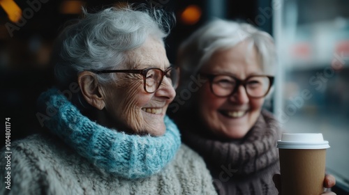 Two elderly women share laughter and friendship at a cozy café, each enjoying a warm cup of coffee while dressed in knit sweaters on a bright day.