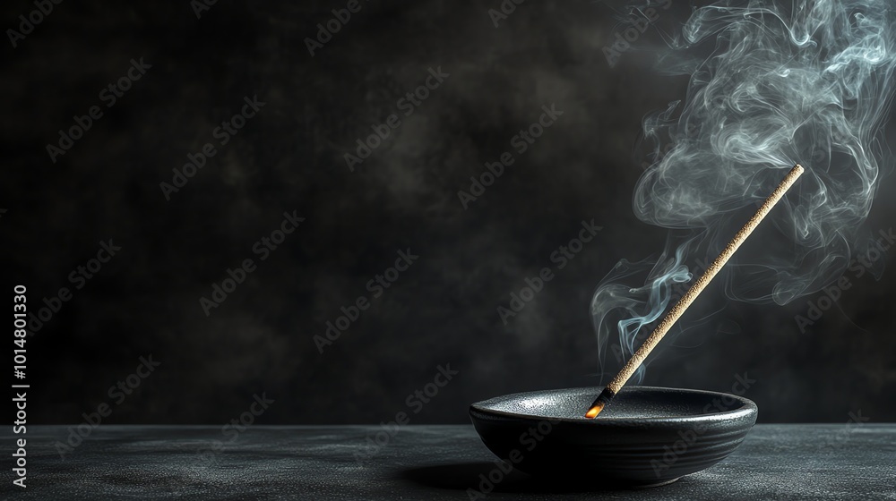 A smoldering incense stick with smoke rising. A smoldering incense stick with smoke rising.