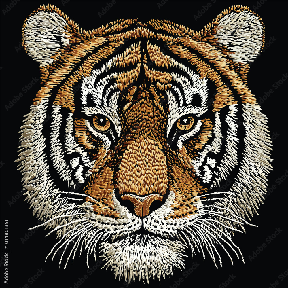 Intricate Tiger Head Embroidery Effect. Dynamic Animal Vector Art