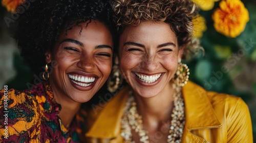 Two joyful women with curly hair sharing a laugh, surrounded by vibrant flowers. Their smiles reflect warmth and connection, exuding happiness and friendship.