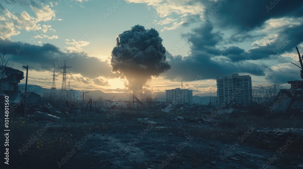 Fototapeta premium A large cloud of smoke rises over a city, ideal for use in environmental or pollution-related contexts