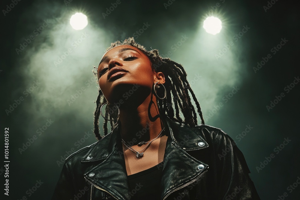 A woman with colorful dreadlocks wearing a black leather jacket, perfect for alternative or punk culture photoshoots A woman with colorful dreadlocks wearing a black leather jacket, perfect for alternative or punk culture photoshoots