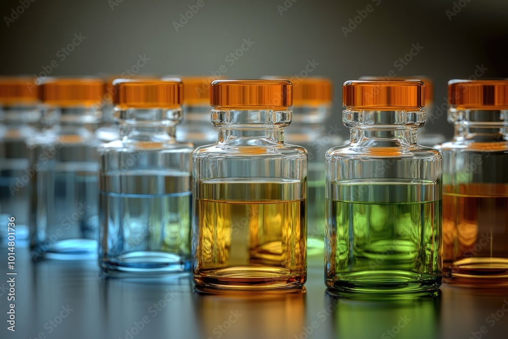 A collection of small glass bottles filled with various colored liquids, great for use in science or chemistry illustrations A collection of small glass bottles filled with various colored liquids, great for use in science or chemistry illustrations