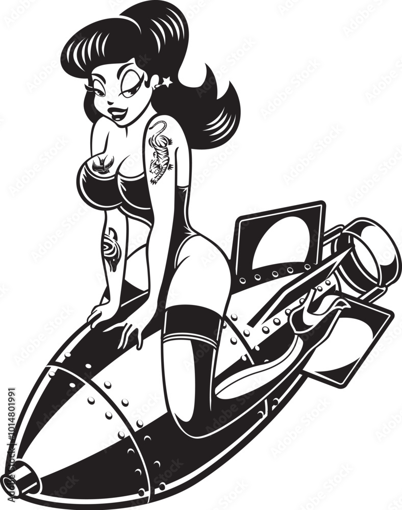 1950 retro Pinup style woman riding on a air bomb