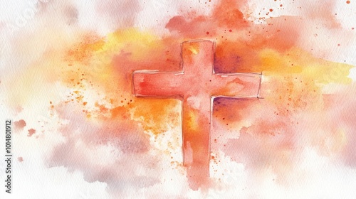 Delicate watercolor art featuring a remembrance cross with a wash of soft red and orange tones. photo