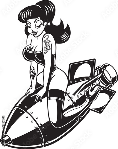 1950 retro Pinup style woman riding on a air bomb