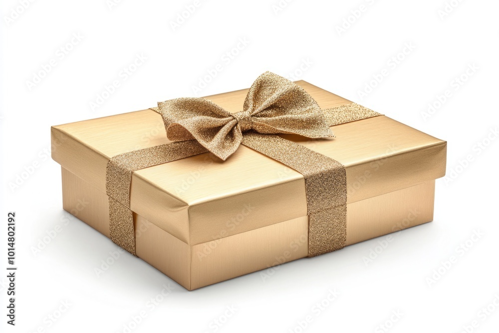 A beautiful golden gift box adorned with a ribbon bow, perfect for wrapping presents or using as a decorative item A beautiful golden gift box adorned with a ribbon bow, perfect for wrapping presents or using as a decorative item