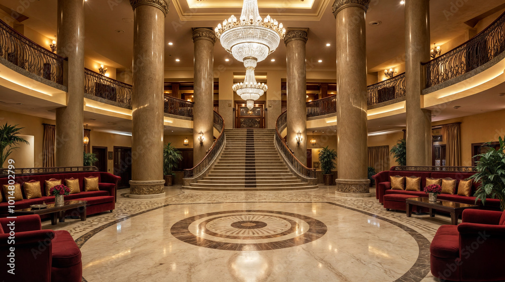 Luxurious Grand Hotel Lobby Interior with Marble Columns, Elegant ...