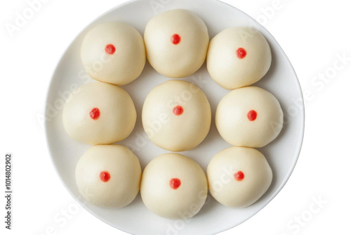 Top Flat View of Chinese Mantou with red dot on White Background, chinese new year food PNG Transparent Background