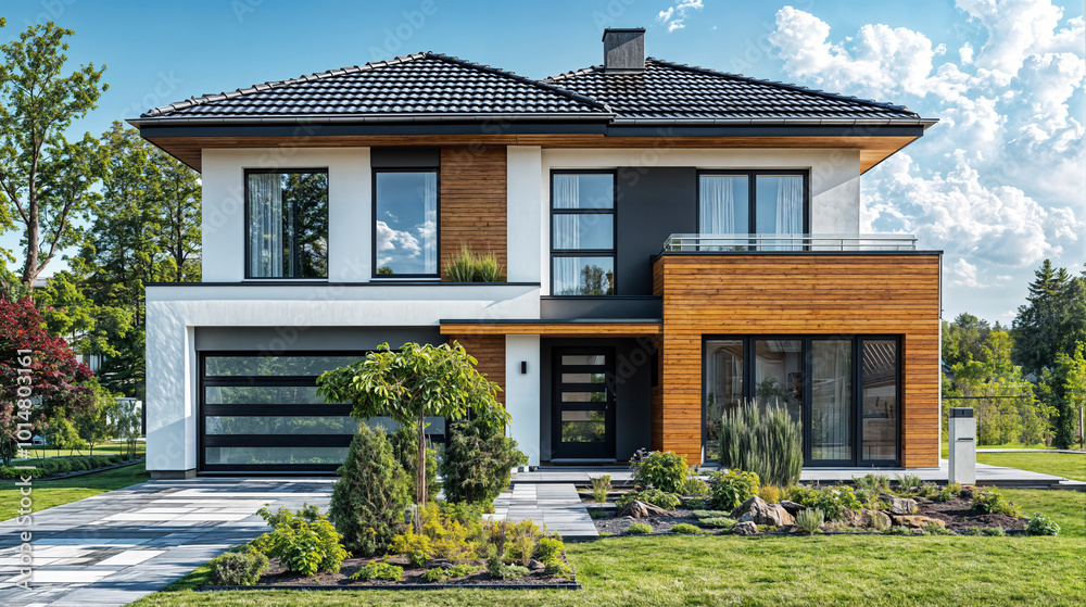 Modern Two-Story House Exterior with Contemporary Architecture, Wooden Facade, Large Windows, Garage, and Beautifully Landscaped Garden in a Suburban Setting Modern Two-Story House Exterior with Contemporary Architecture, Wooden Facade, Large Windows, Garage, and Beautifully Landscaped Garden in a Suburban Setting
