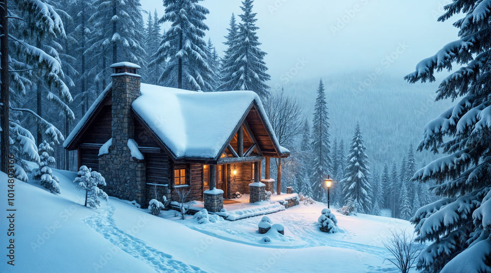 Naklejka premium Cozy Wooden Cabin in Snow-Covered Winter Forest with Warm Lights Illuminating the Snowy Landscape, Surrounded by Pine Trees and Tranquil Atmosphere at Twilight