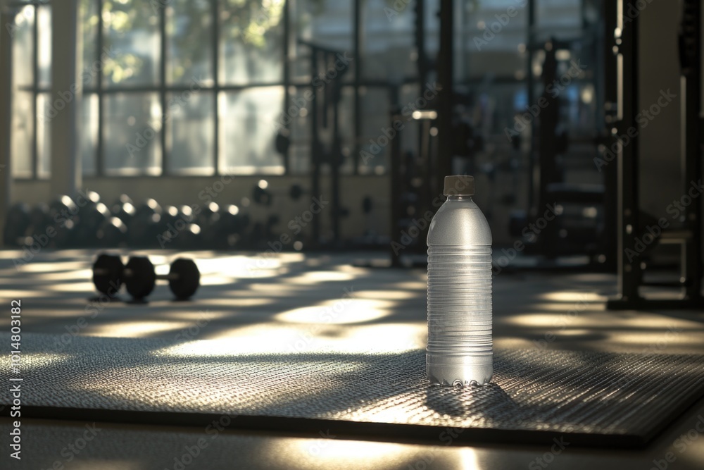 A water bottle sits on a mat, perfect for outdoor or indoor use A water bottle sits on a mat, perfect for outdoor or indoor use