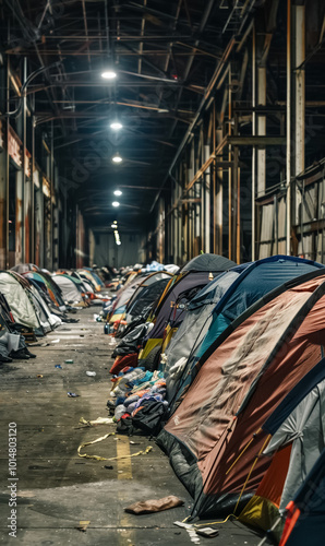 homeless tents line in bustling abandoned plant or factory, highlighting homelessness, economic hardship, and social inequality in US and world