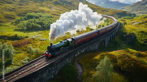 Aerial View of the Iconic Steam Train Crossing Scenic Viaduct in Lush Green Highlands