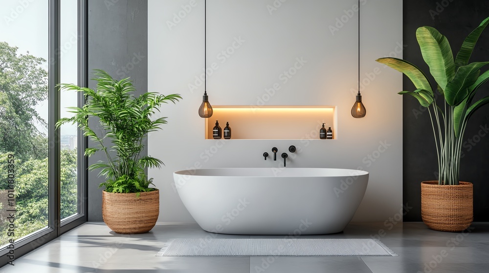 Fototapeta premium Modern bathroom with freestanding tub and plants.