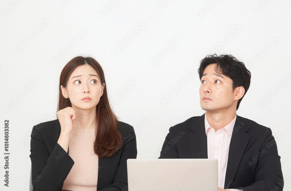 A young Japanese businessman and woman contemplating something while looking at the laptop in front of them, A young Japanese businessman and woman contemplating something while looking at the laptop in front of them,