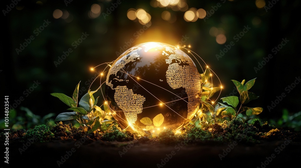 Glowing Earth Surrounded by Nature and Technology