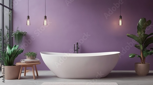 Modern bathtub in purple bathroom with plants.