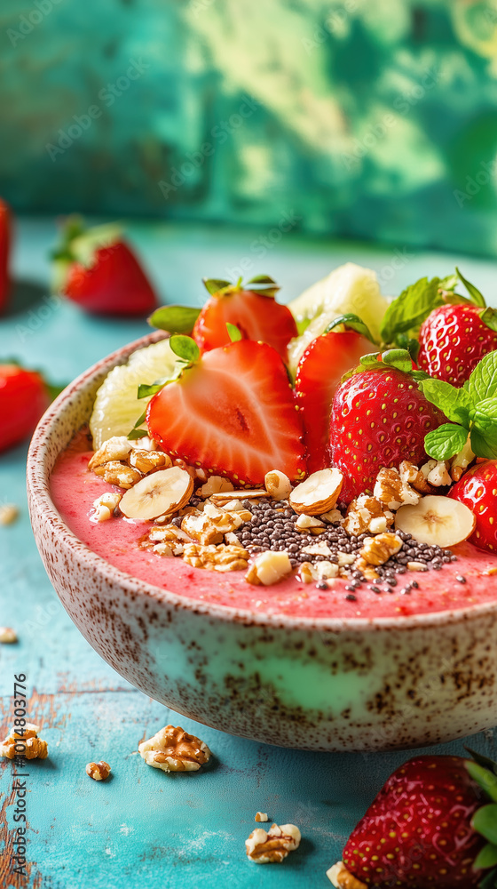 Healthy Strawberry Smoothie Bowl with Fresh Fruits and Nuts, Captured in a Bright Kitchen Environment Healthy Strawberry Smoothie Bowl with Fresh Fruits and Nuts, Captured in a Bright Kitchen Environment