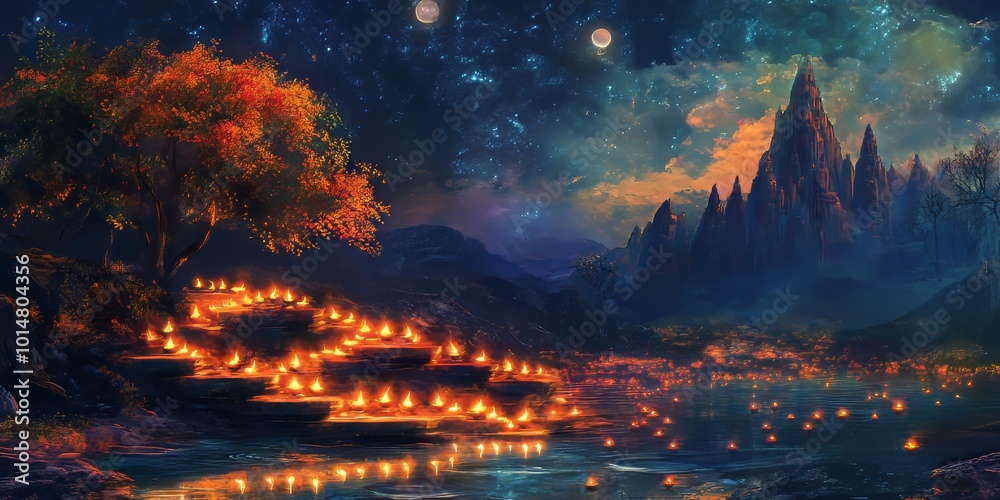 Diwali diyas in a surreal, magical landscape Diwali diyas in a surreal, magical landscape