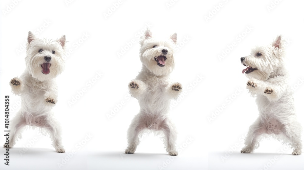 Three small white dogs standing on their hind legs Three small white dogs standing on their hind legs