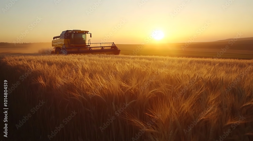 Fototapeta premium Golden Harvest at Sunset: A Combine Harvester in a Field of Wheat